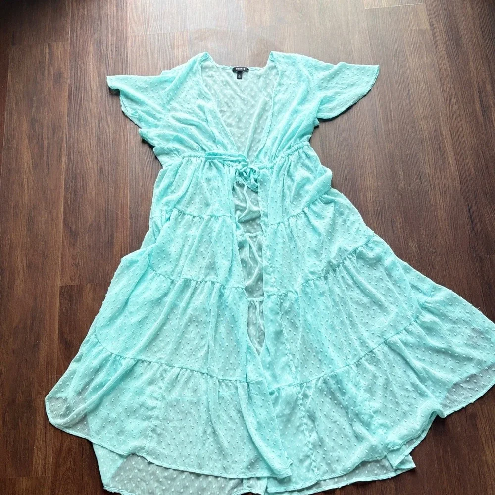 Torrid Fairycore Mint Chiffon Clip Dot Maxi Dress Deep V Flutter Sleeve 2X Aqua